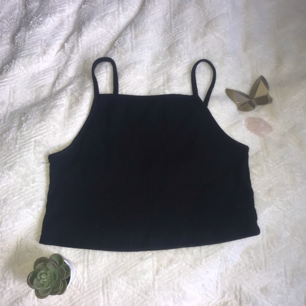 Black high neck ribbed cropped top